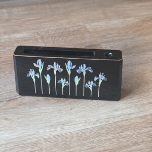 Vintage Iris Flower Otagiri Black Lacquer Foil Pen Memo Pad Holder